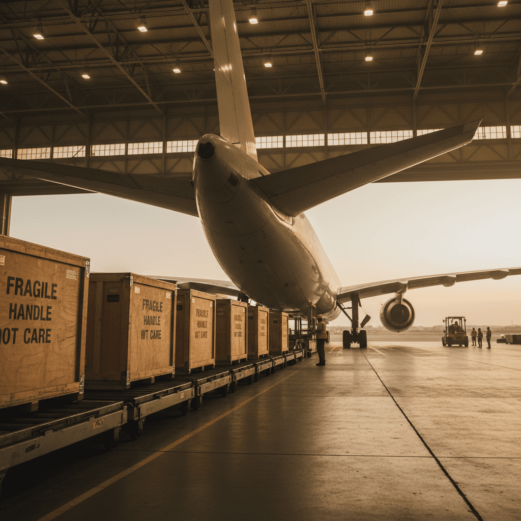 Wooden trophy crates being loaded into a cargo plane