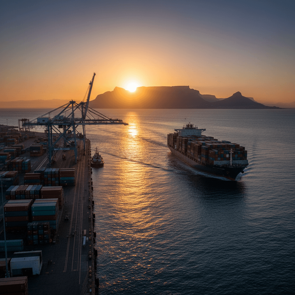 Container ship departing a South African port at sunset
